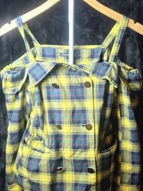 stradivarius Yellow & Green Plaid Button-Front Top